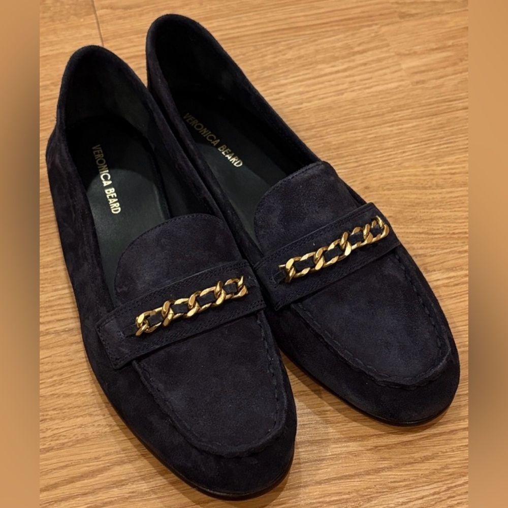 Veronica Beard Navy Suede Chain-Trim Loafers